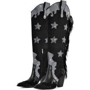 Women Faux Suede Black Rhinestone Embellished  Pointed Toe Knee High Boots